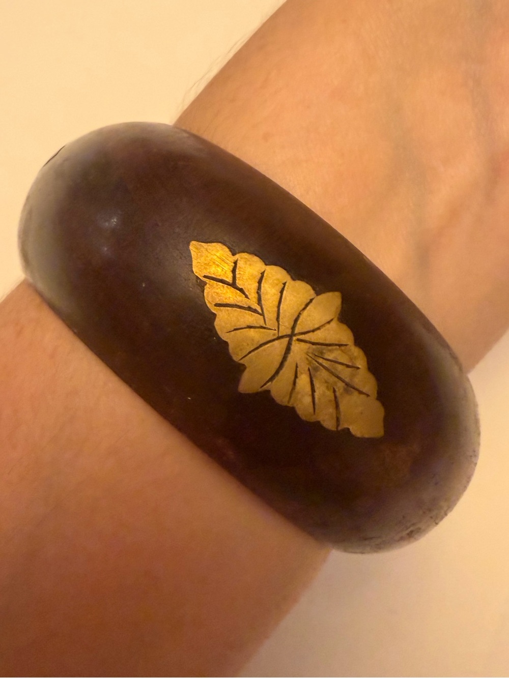 Y2K Chunky Wood Bangle Bracelet Brass Leaf Inlay Wide Boho Early 2000s